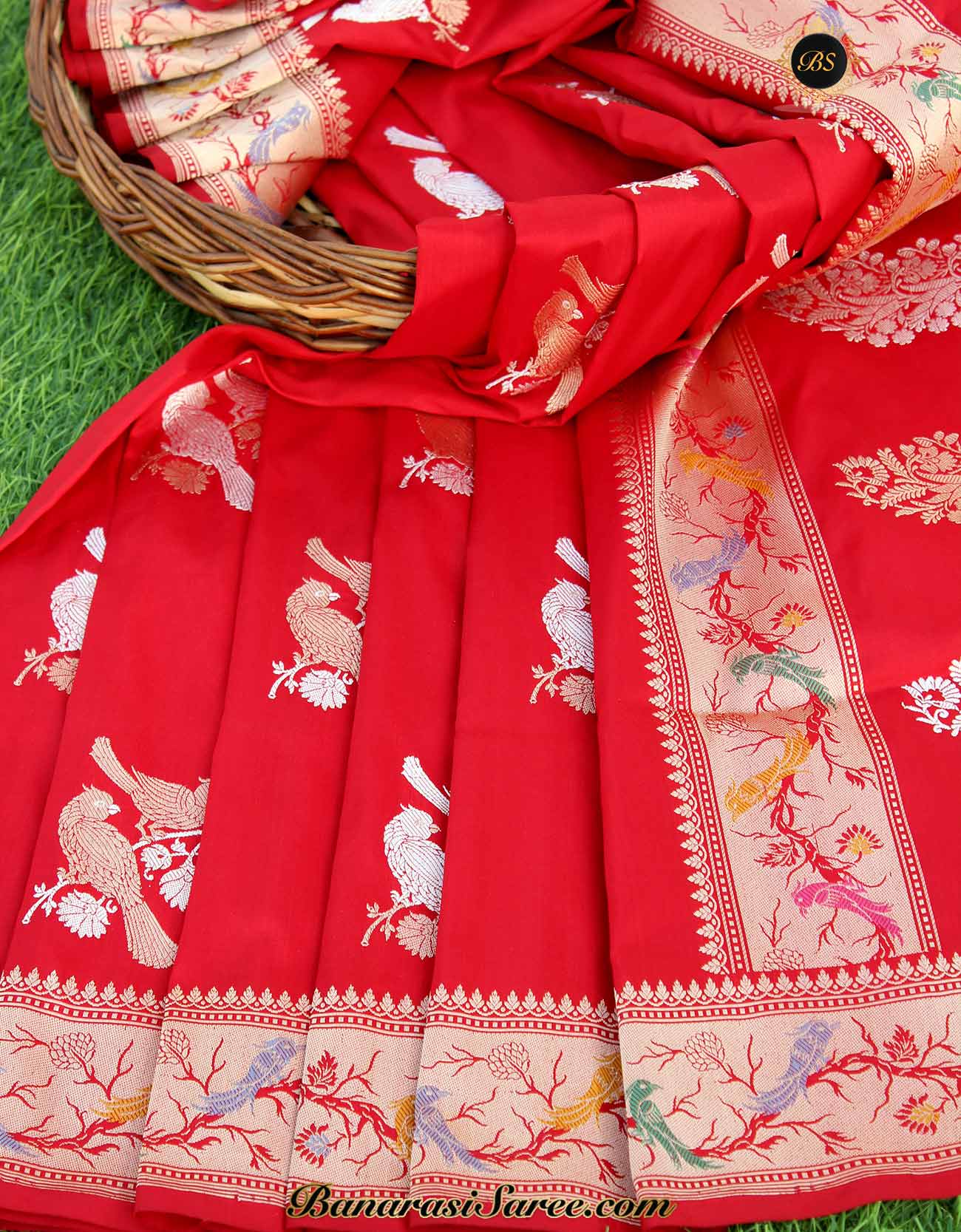 Red katan silk banarasi saree with sona rupa jaal